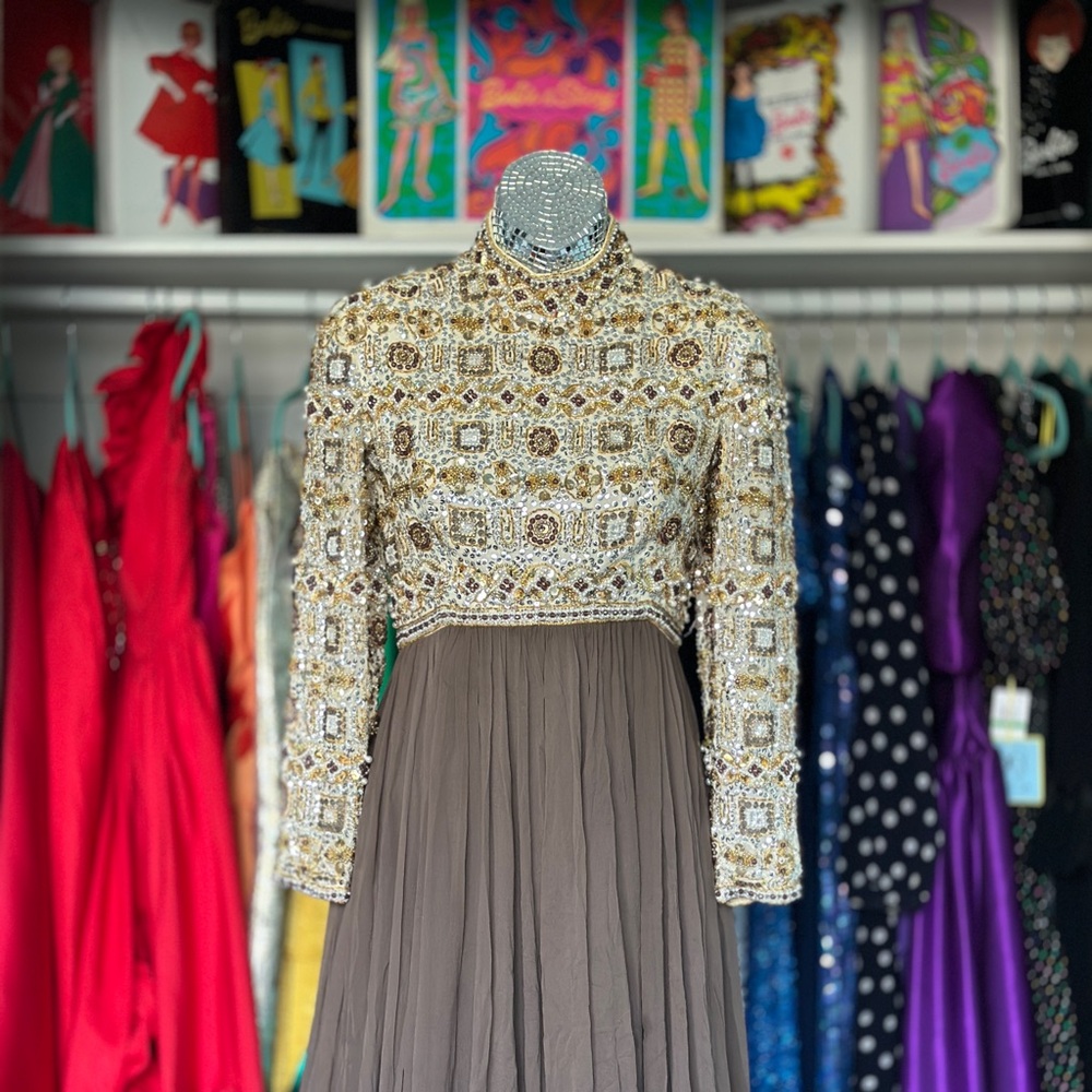 RARE Vtg Victoria Royal Ltd Beaded Empire Waist Gold Brown Metallic Maxi Dress
